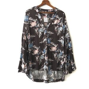 Free People Gray Blue Boho Tunic Top Floral Blowy